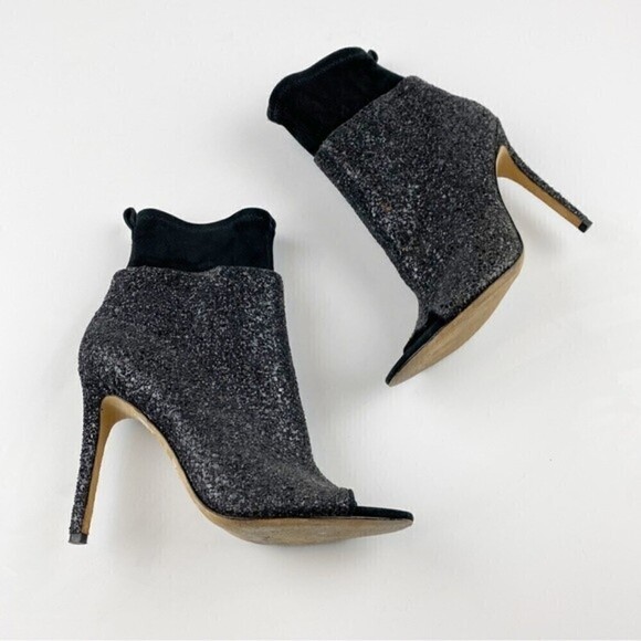 Via Spiga Tarni Black Glitter High Heel Peep Toe Booties Size 7.5 - Picture 1 of 13